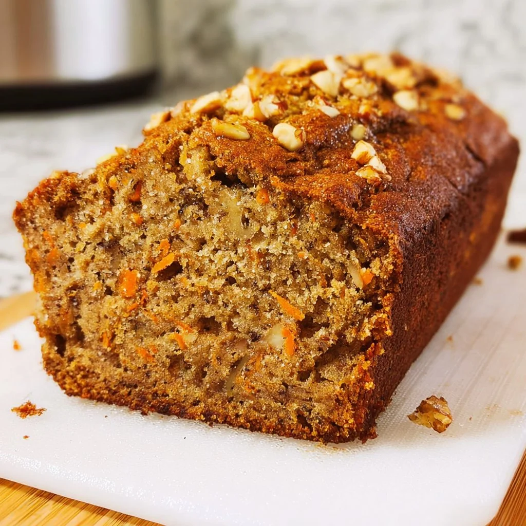 Loaf of homemade carrot banana bread on a wooden table