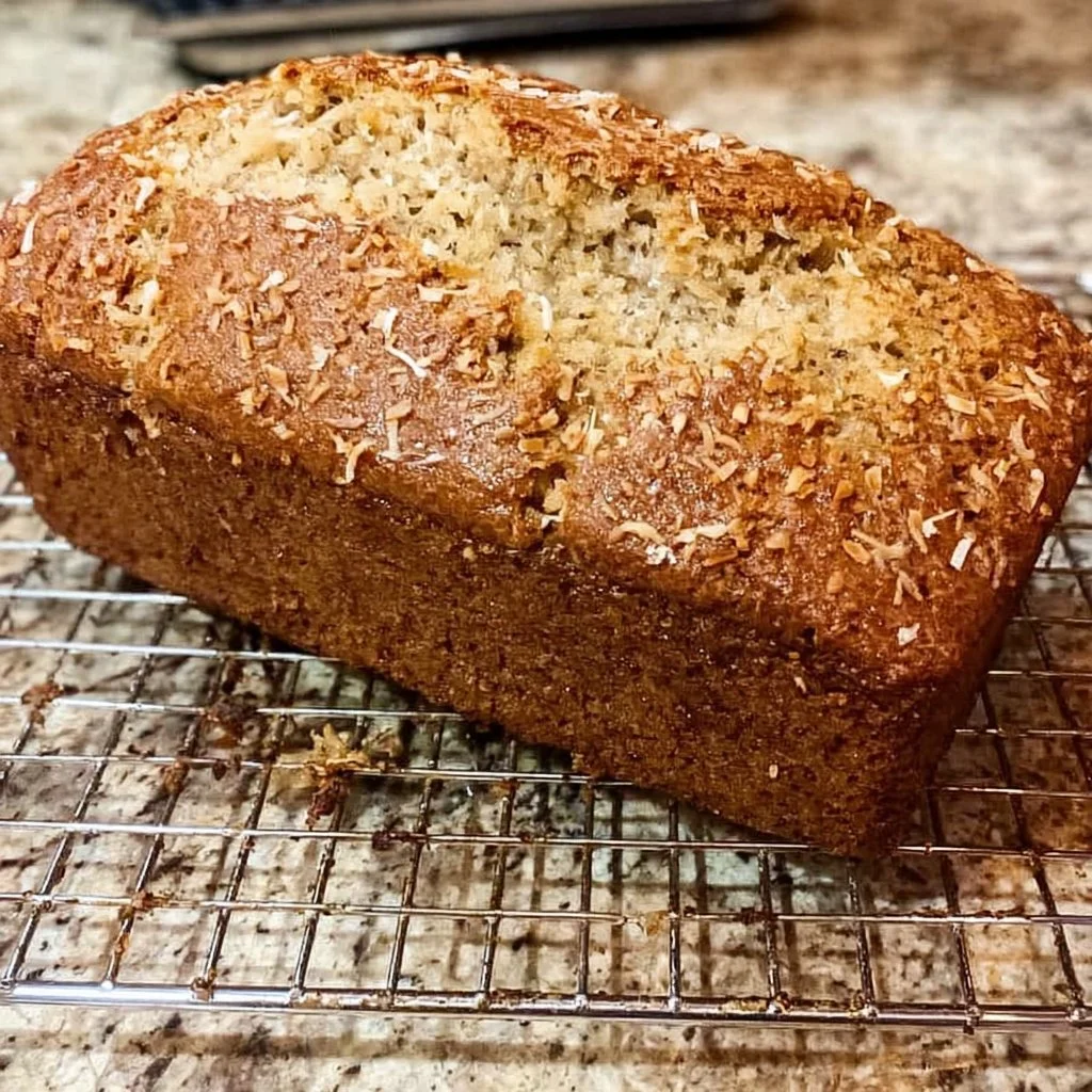 Loaf of homemade Coconut Banana Bread with sliced bananas on top