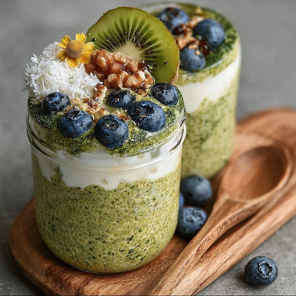 Bowl of matcha overnight oats topped with berries and nuts