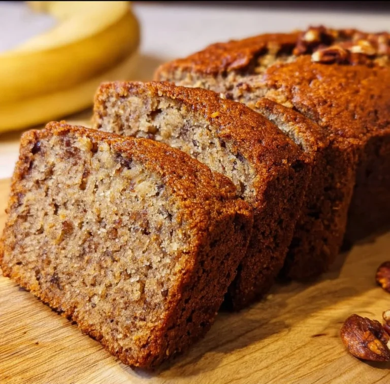 Delicious slice of gluten free vegan banana bread with bananas on the side.