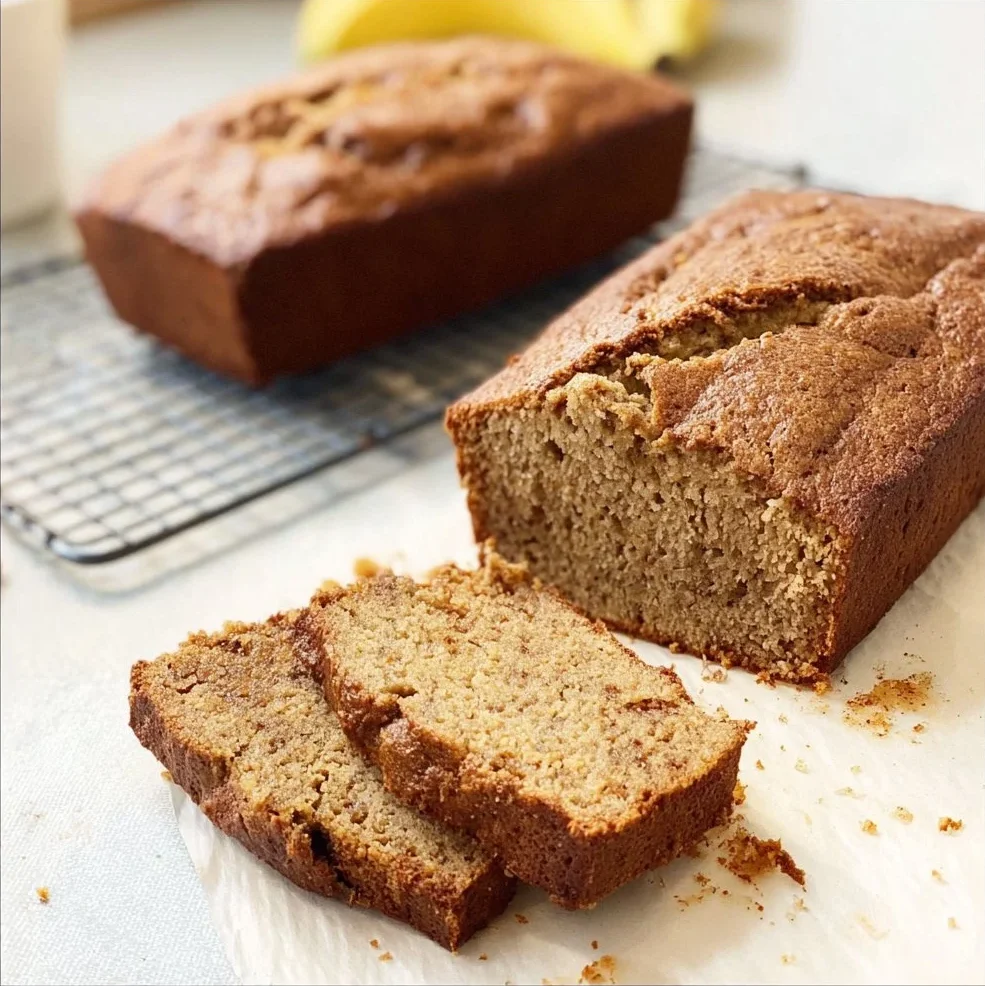 Vegan almond flour banana bread loaf on a wooden cutting board