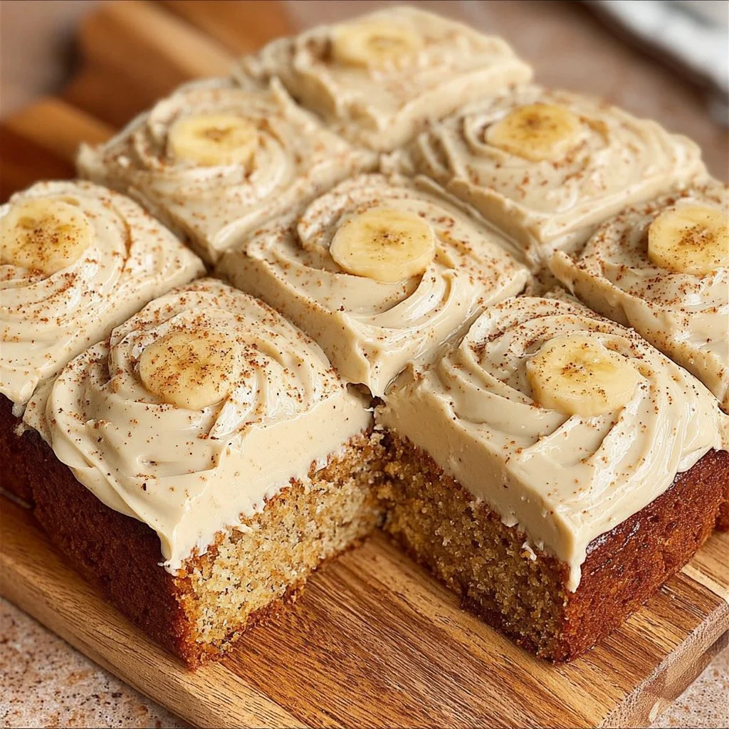 Delicious vegan banana cake topped with cookie butter frosting on a plate.