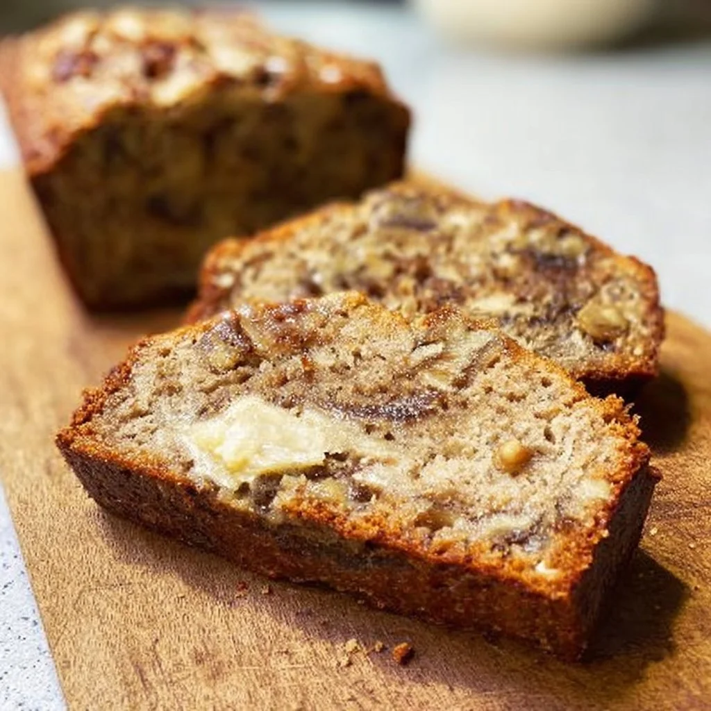 Vegan banana and walnut bread fresh out of the oven, golden and appetizing.