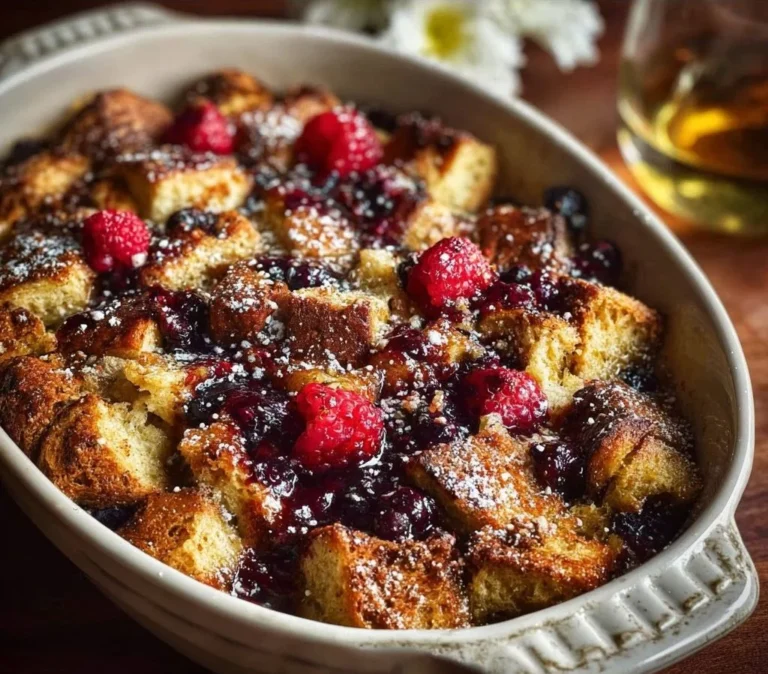 Delicious Vegan Berry French Toast Casserole topped with fresh berries.