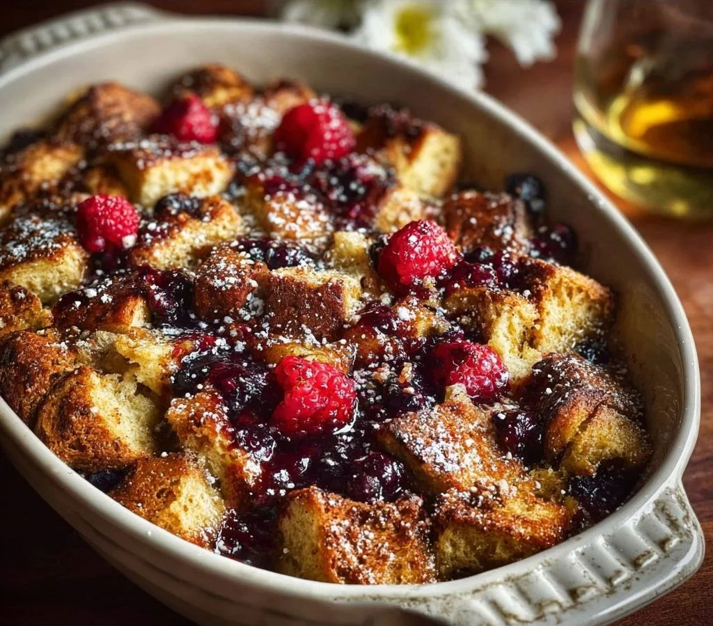 Delicious Vegan Berry French Toast Casserole topped with fresh berries.