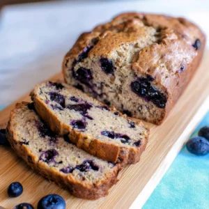 Delicious vegan blueberry banana bread sliced on a wooden board