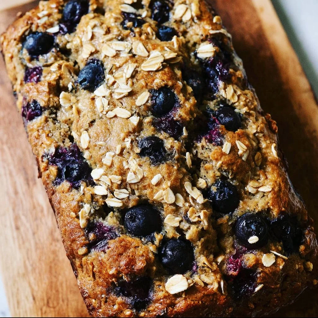 Vegan blueberry banana oat bread fresh out of the oven, sliced and ready to serve.