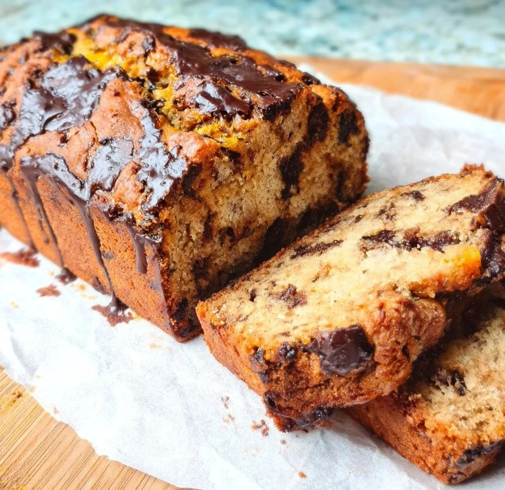 Vegan chocolate orange banana bread slice topped with chocolate glaze