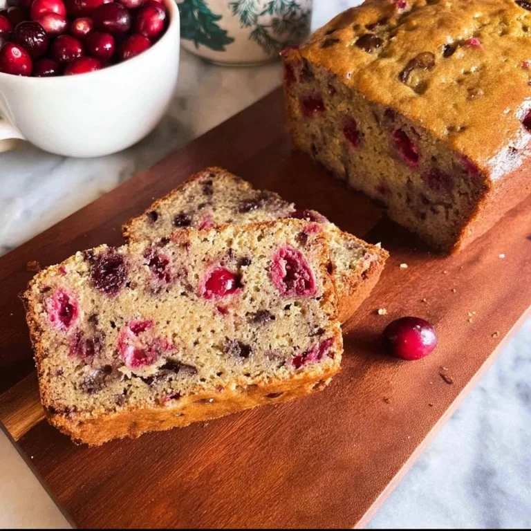 Slice of vegan cranberry banana bread on a wooden table with cranberries