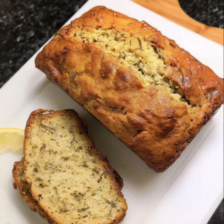 Vegan lemon rosemary banana bread fresh out of the oven, topped with lemon zest.