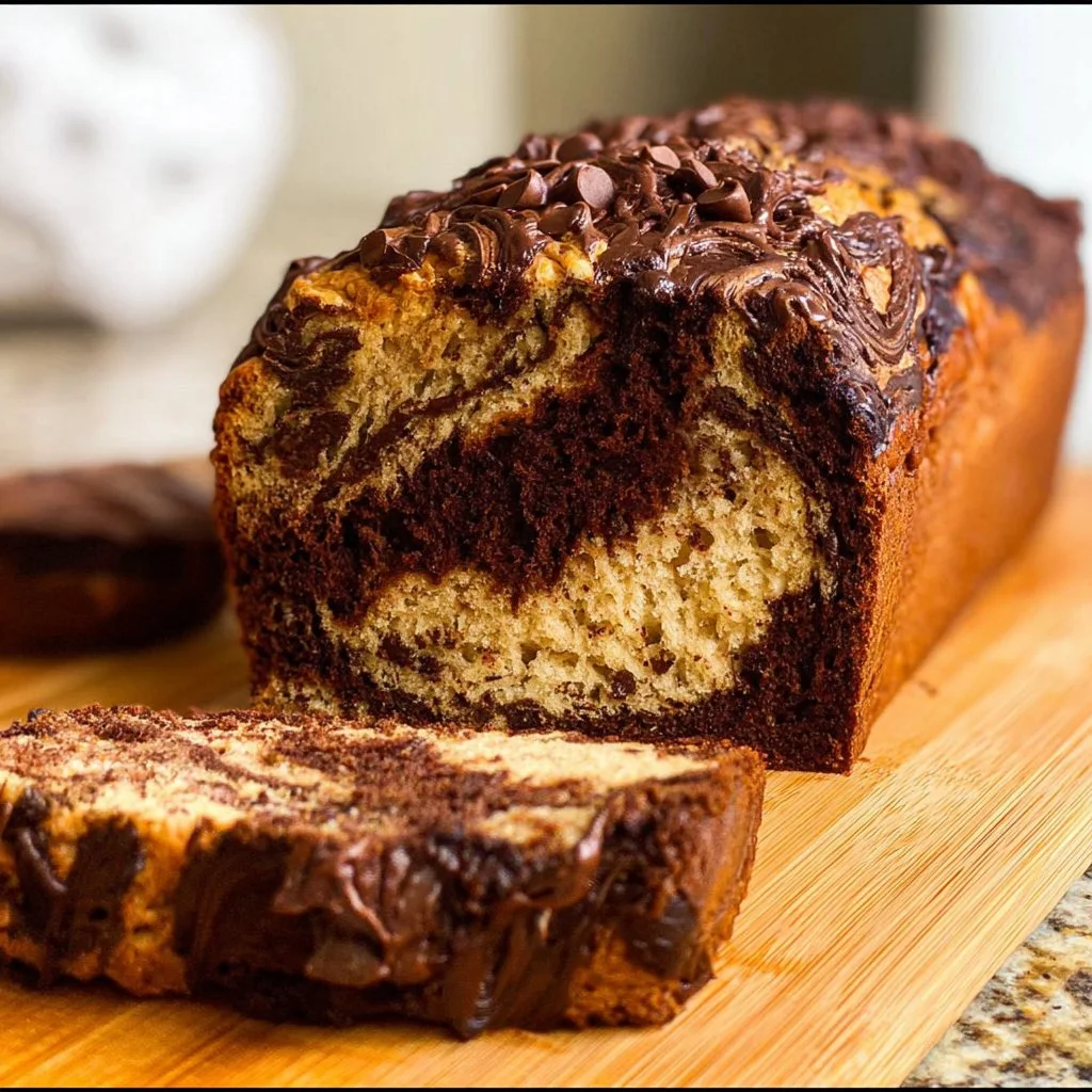 Vegan marbled chocolate banana bread with chocolate swirls and banana slices