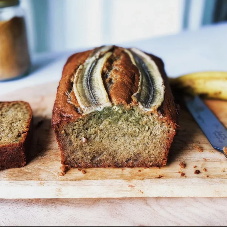 Delicious Vegan Matcha Banana Bread sliced on a wooden board