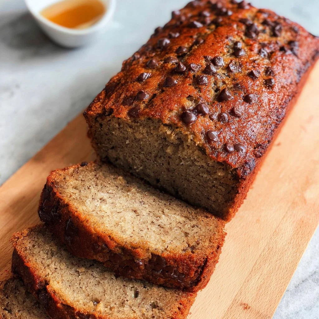 Slice of Vegan Protein Banana Bread on a wooden table with bananas and nuts