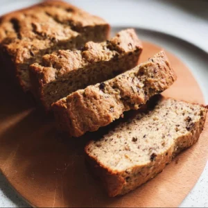Moist Vegan Spelt Banana Bread loaf topped with walnuts and bananas.