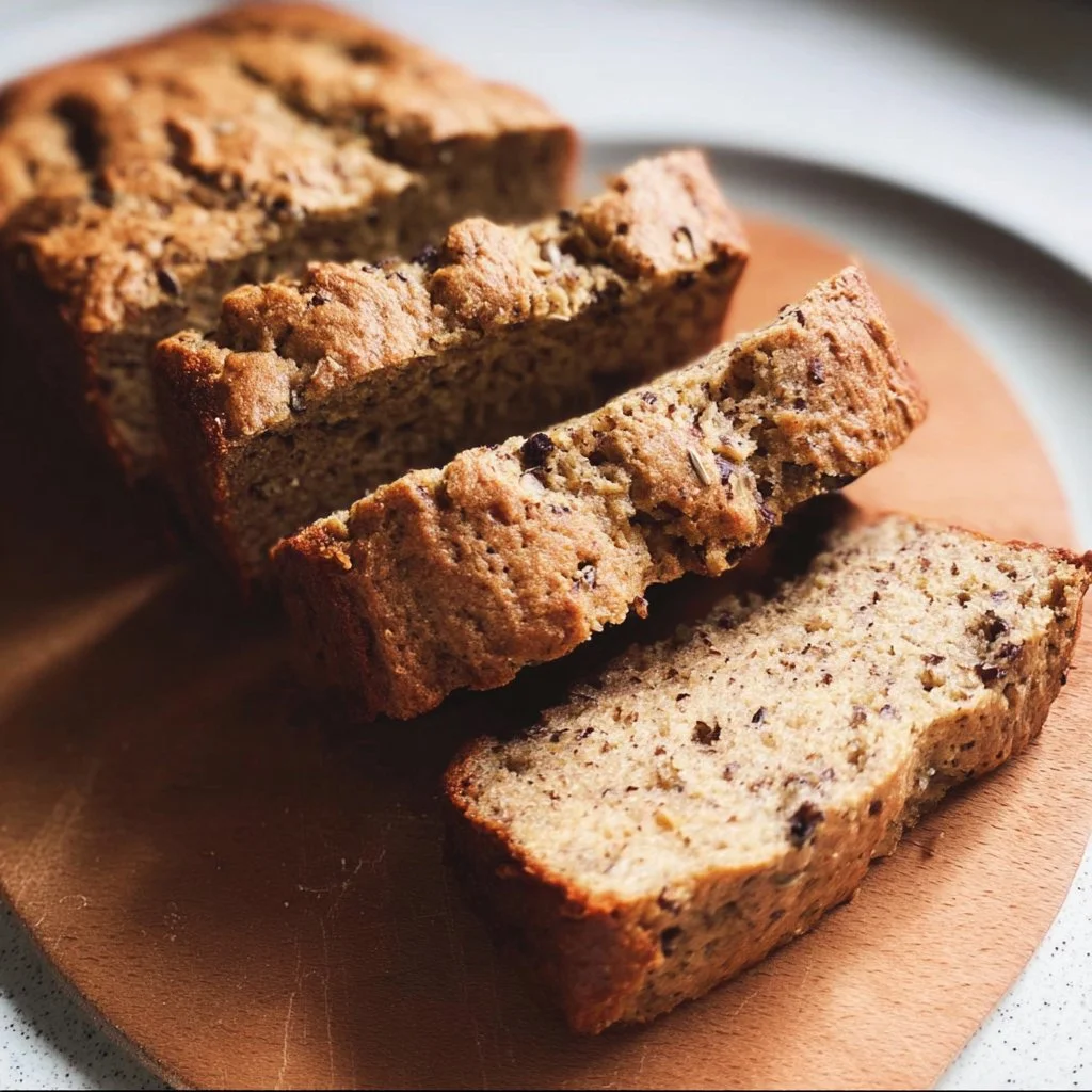 Moist Vegan Spelt Banana Bread loaf topped with walnuts and bananas.