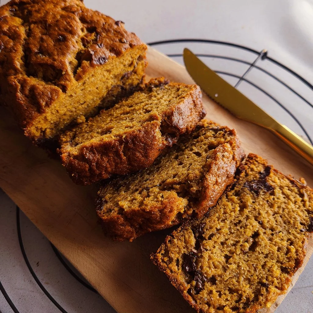 Vegan sweet potato banana bread with slices on a wooden cutting board.