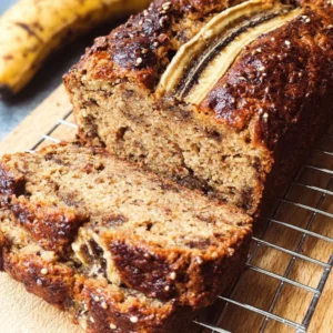 Slice of Vegan Tahini Banana Bread on a wooden board