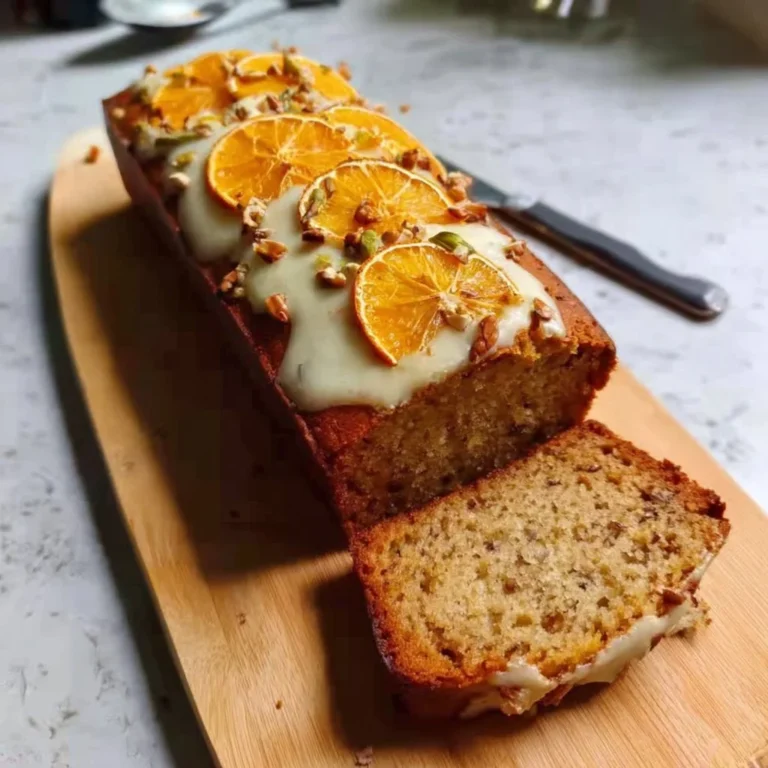 Slice of vegan yogurt orange banana bread on a plate.