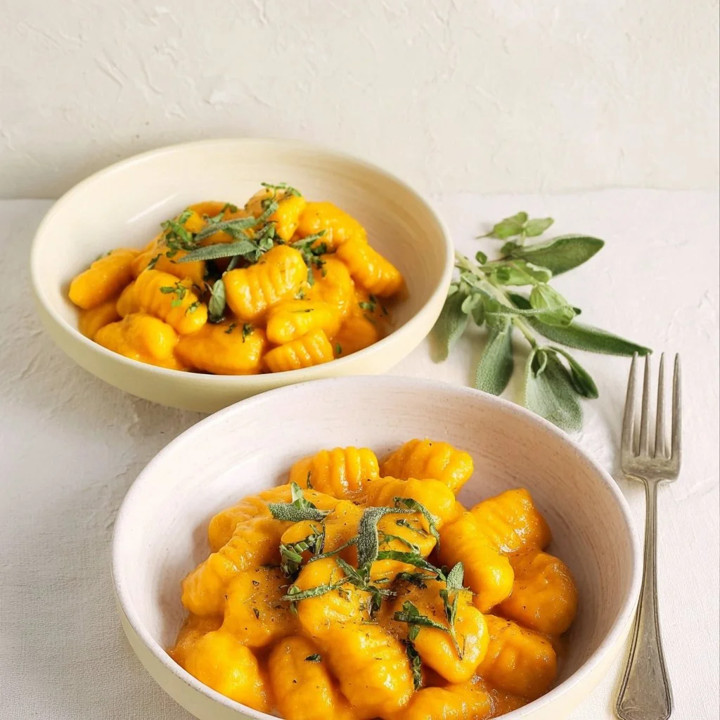 Bowl of easy homemade pumpkin gnocchi topped with sage butter sauce