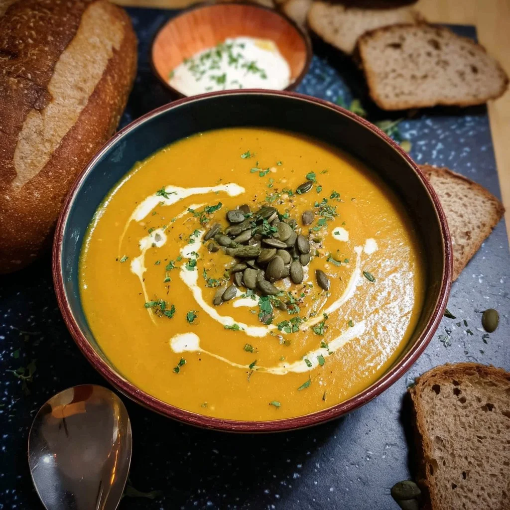 Bowl of spiced carrot pumpkin soup garnished with herbs