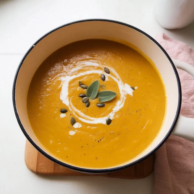 Bowl of vegan pumpkin lentil soup garnished with herbs and spices