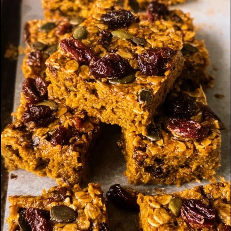 Delicious vegan pumpkin oatmeal bars baked with spices and drizzled with icing.