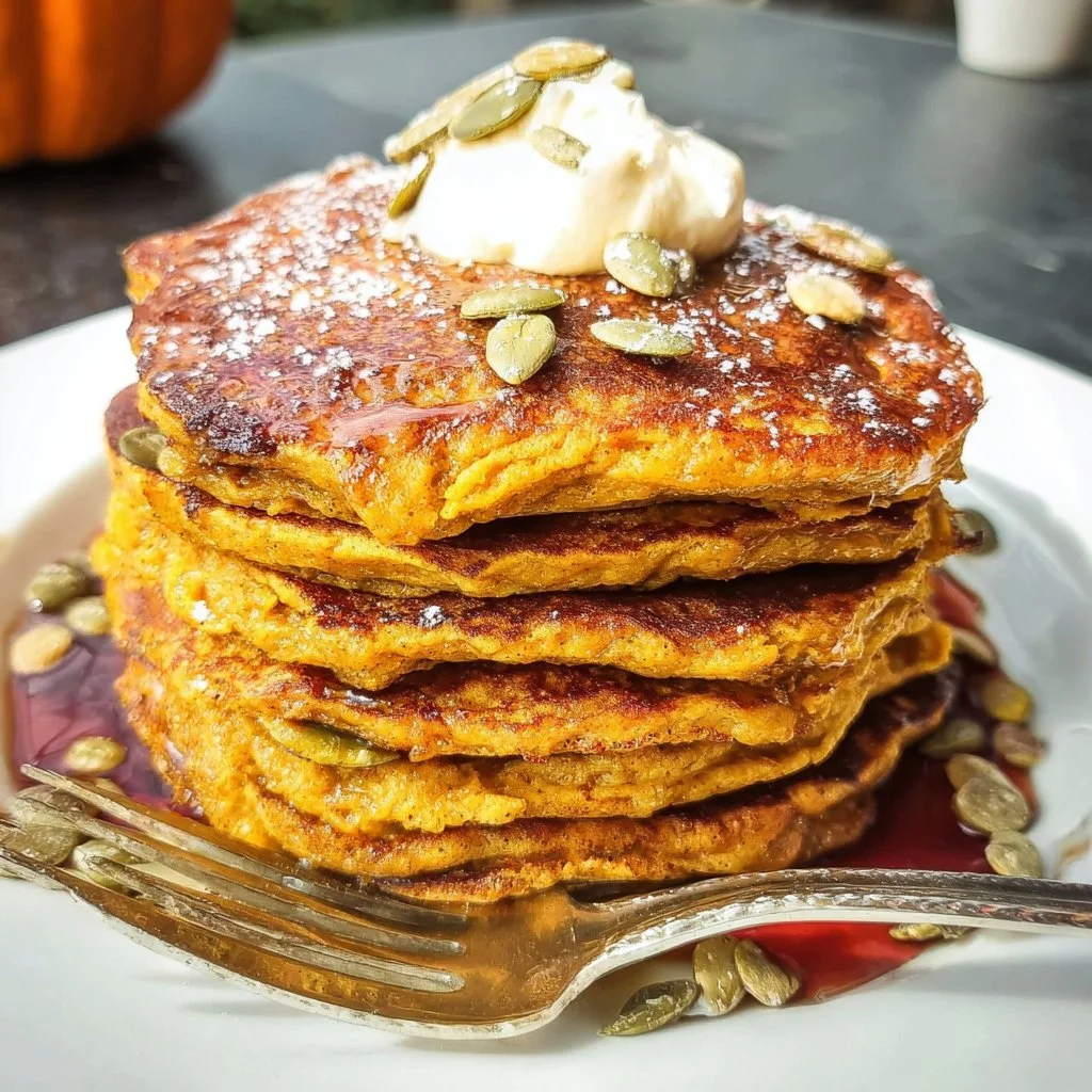 Fluffy vegan pumpkin pancakes topped with maple syrup and pumpkin seeds