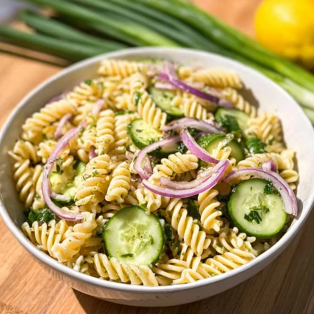 A vibrant bowl of Cucumber Pasta Salad with fresh vegetables and herbs