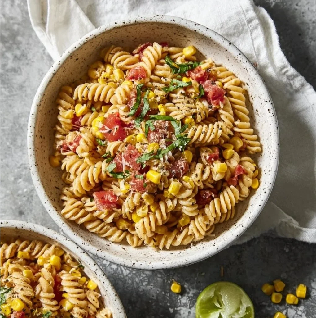 Esquites-Inspired Pasta Salad featuring corn, cheese, and vibrant vegetables in a bowl.
