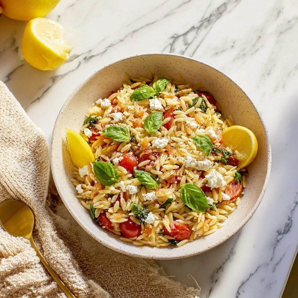 Lemon Basil Pasta Salad with fresh ingredients in a bowl