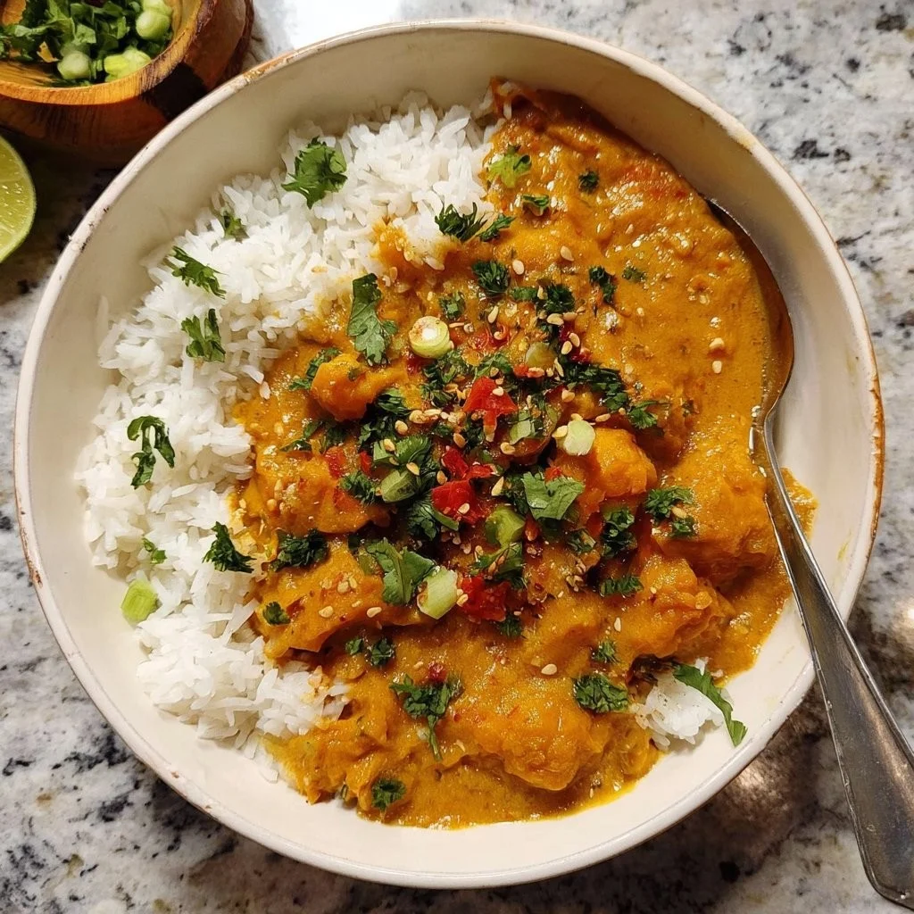 Bowl of vibrant Pumpkin Curry garnished with fresh herbs and spices