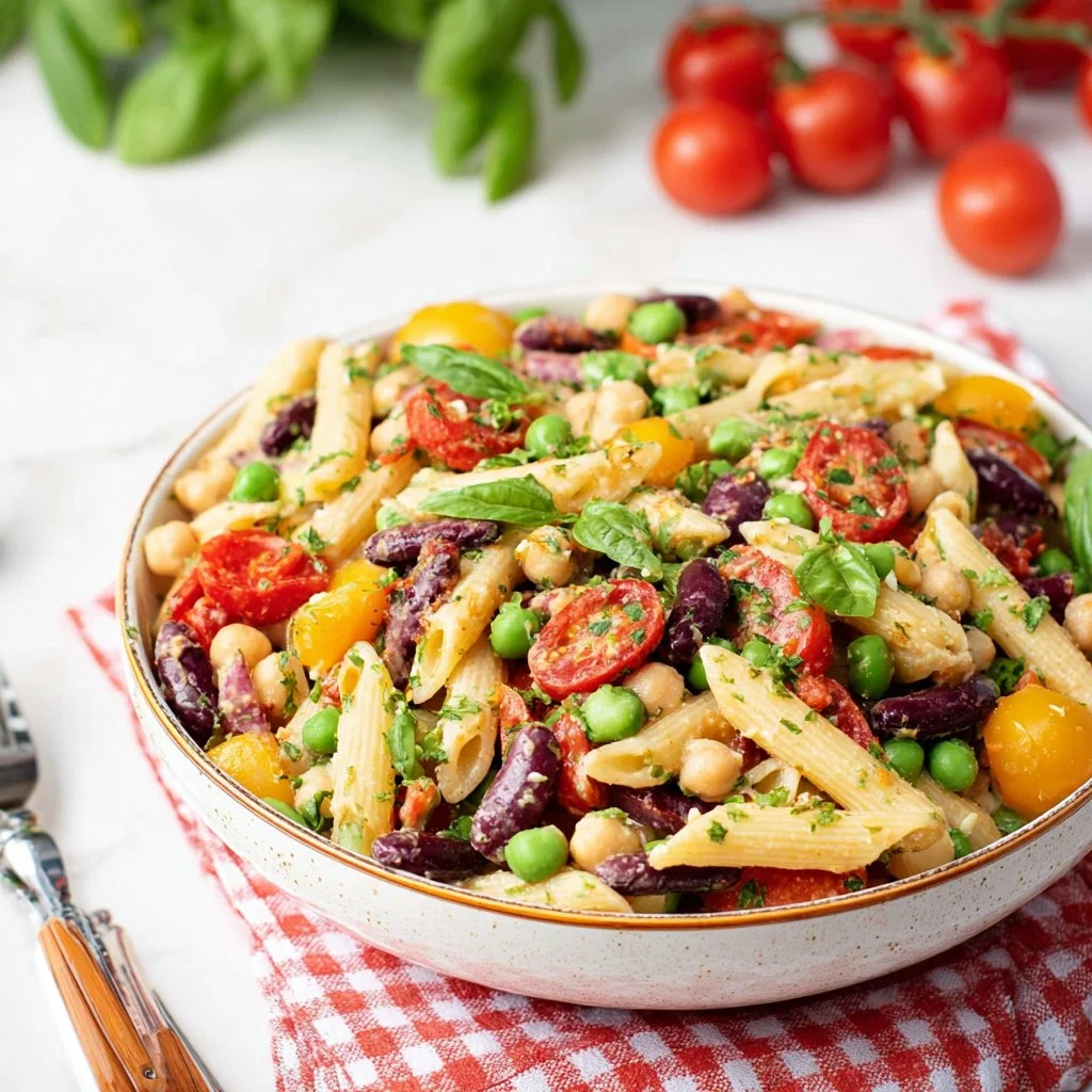 Refreshing high protein vegan pasta salad with colorful vegetables and dressing