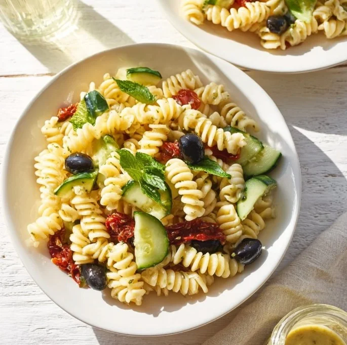 Refreshing vegan Mediterranean pasta salad with colorful vegetables and herbs
