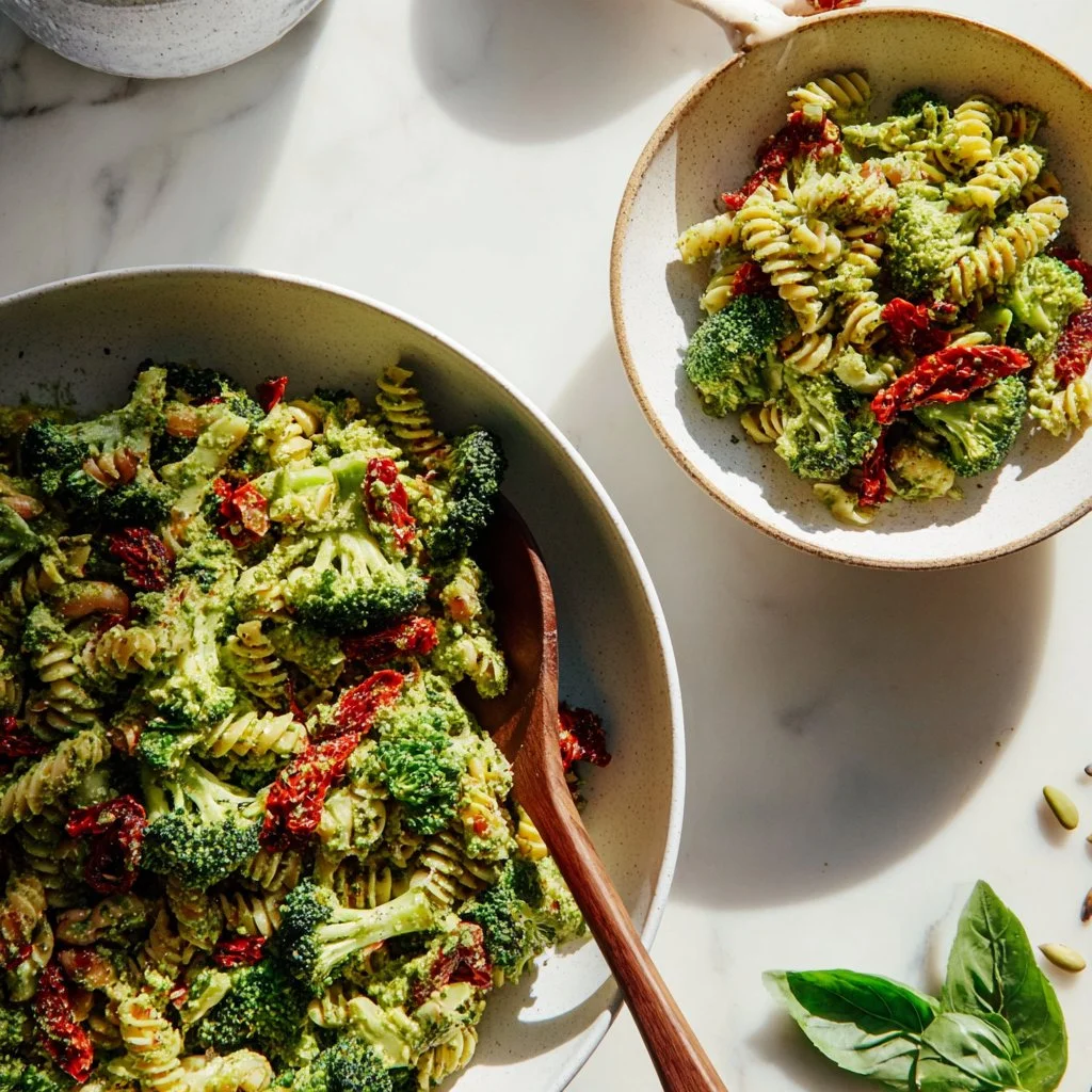 Roasted broccoli pasta salad topped with creamy hemp pesto in a bowl