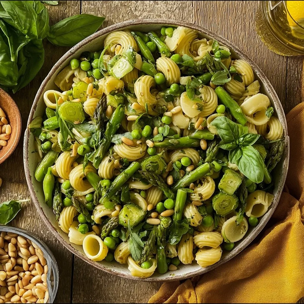Colorful Spring Pasta Salad with fresh vegetables and herbs