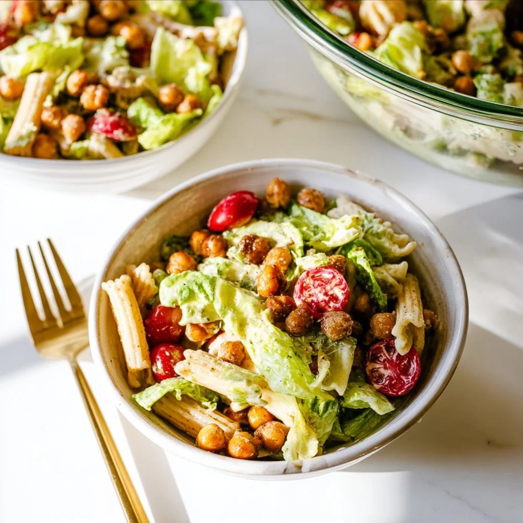 Vegan Caesar Pasta Salad with Chickpeas garnished with fresh herbs