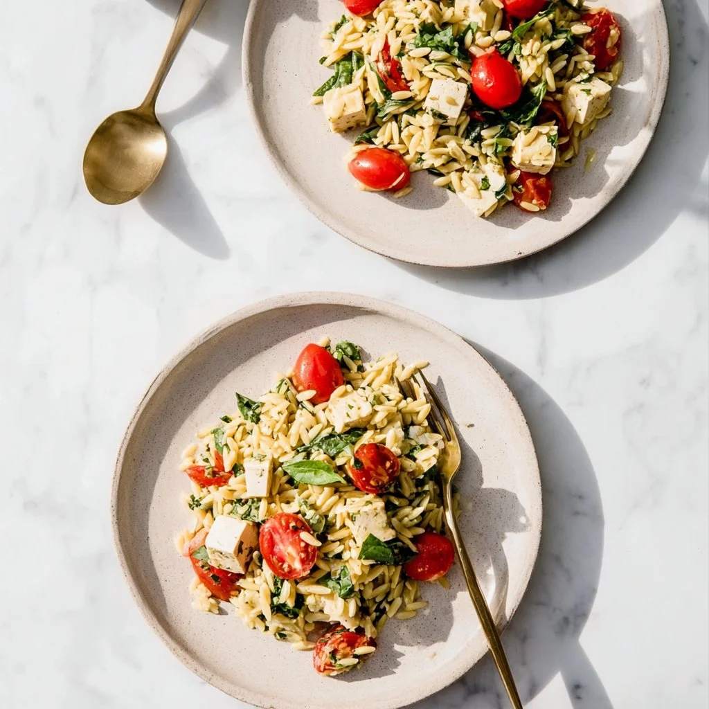 Vegan Caprese Salad with Orzo served on a plate with fresh basil and tomatoes.