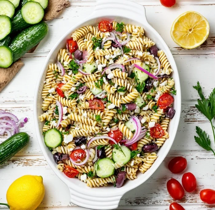 Vegan Greek Pasta Salad with colorful vegetables and olives in a bowl