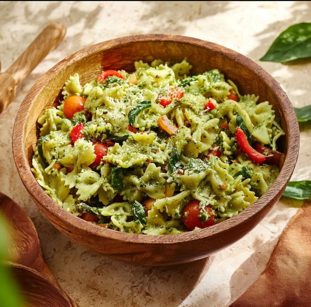 Bowl of colorful Vegan Italian Pasta Salad with vegetables and olives