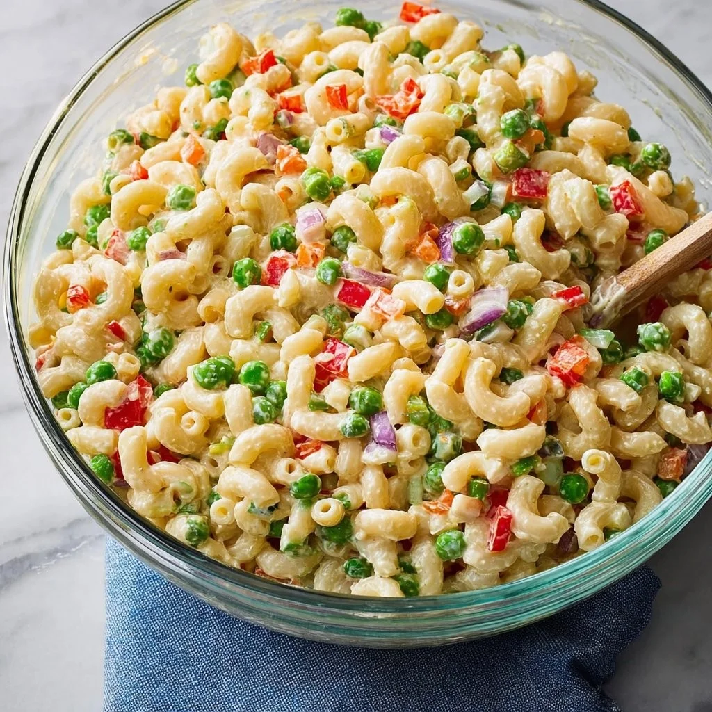 Bowl of Vegan Macaroni Salad made with creamy dressing and fresh vegetables