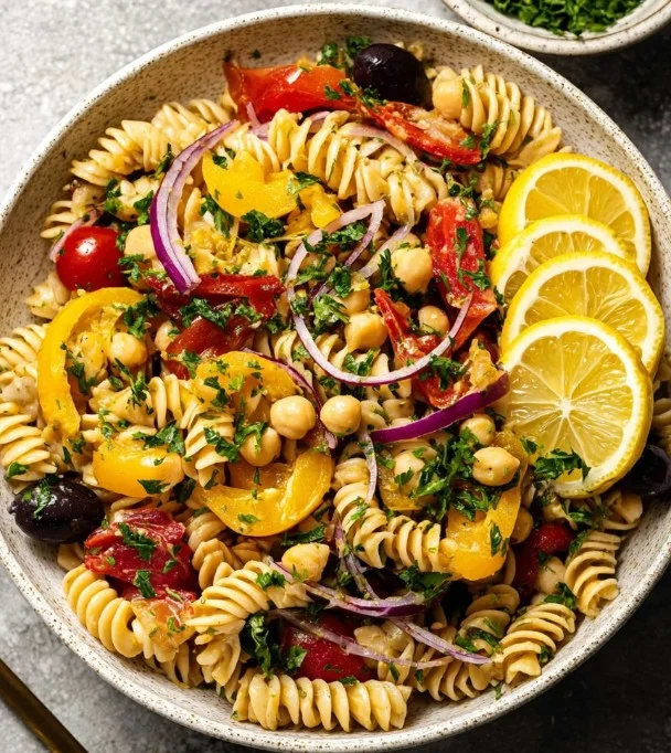 Colorful vegan pasta salad with fresh vegetables and dressing in a bowl