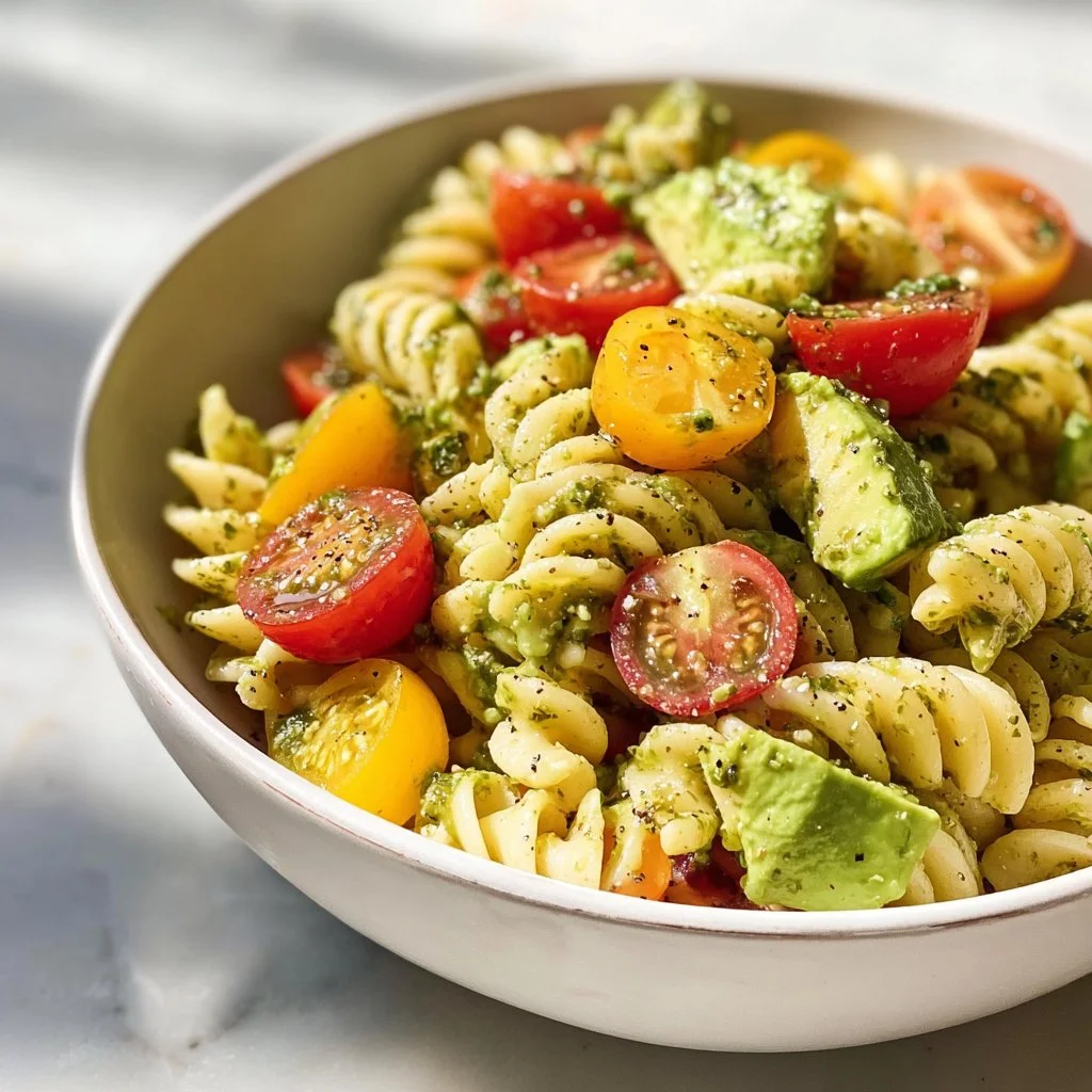 Vegan Pasta Salad with Avocado drizzled in a light dressing and fresh veggies.