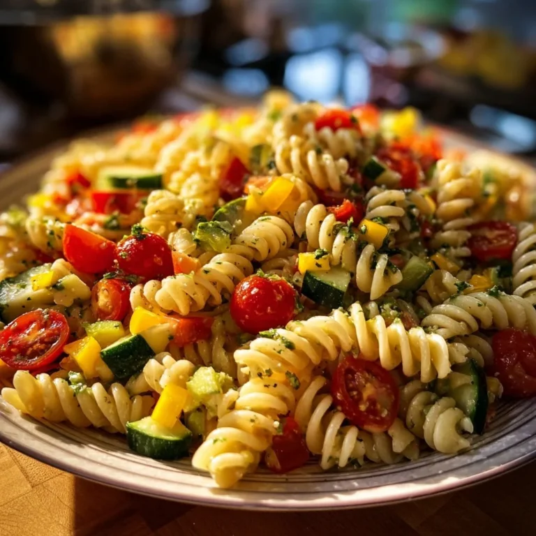 Vegan pasta salad with lemon vinaigrette and fresh vegetables in a bowl