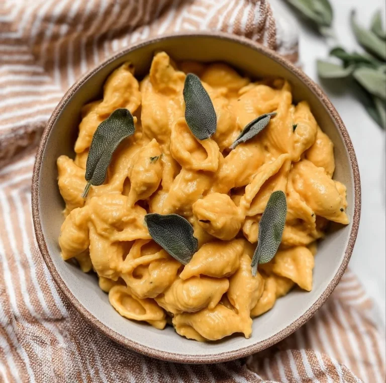 Bowl of vegan pumpkin mac and cheese topped with herbs
