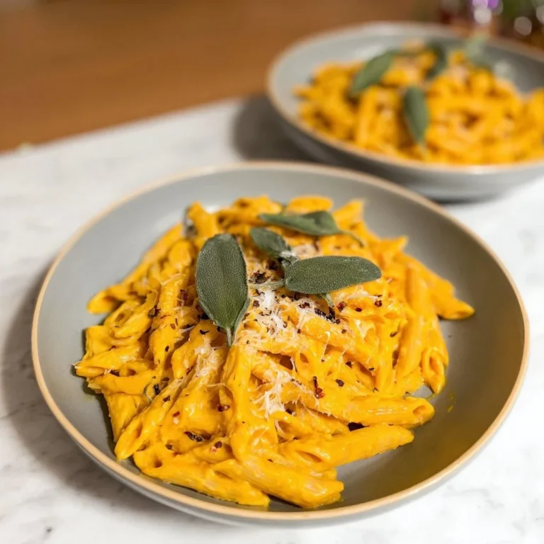 Delicious Vegan Pumpkin Pasta served with herbs in a bowl
