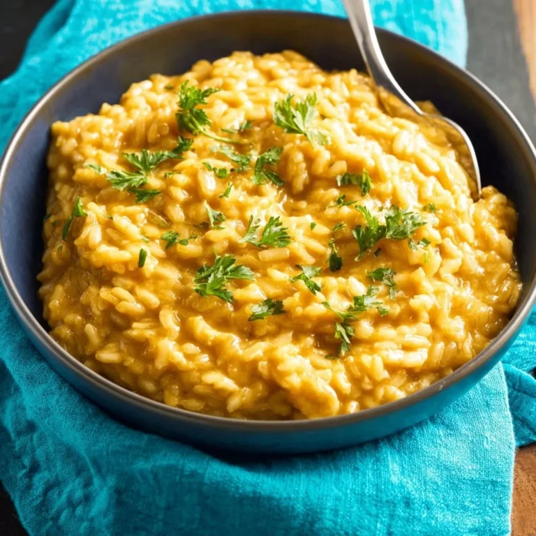 Bowl of vegan pumpkin risotto topped with herbs and pumpkin seeds.