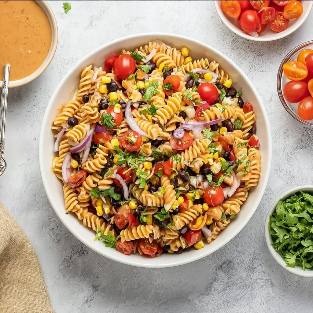 A vibrant Vegan Southwest Pasta Salad with colorful vegetables and pasta.