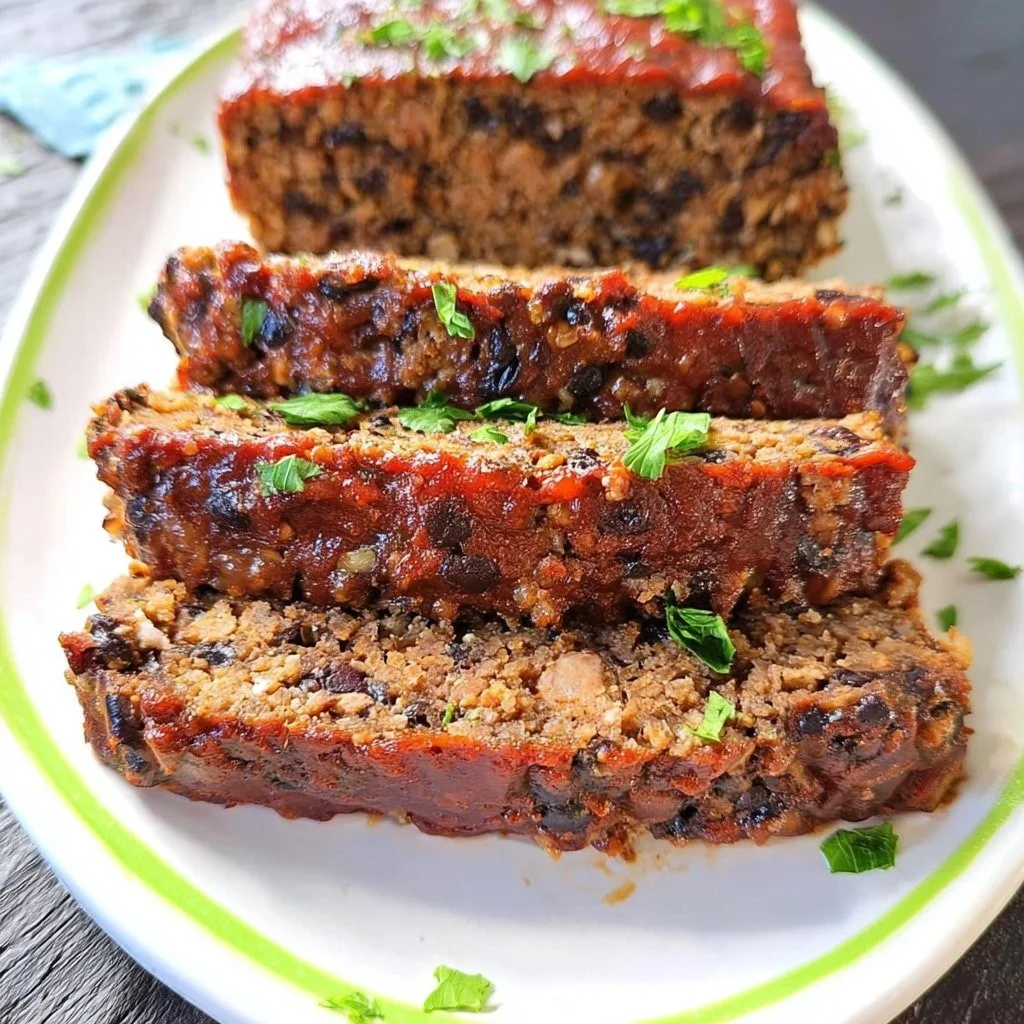 Delicious slice of Black Bean Meatloaf on a plate with garnish.