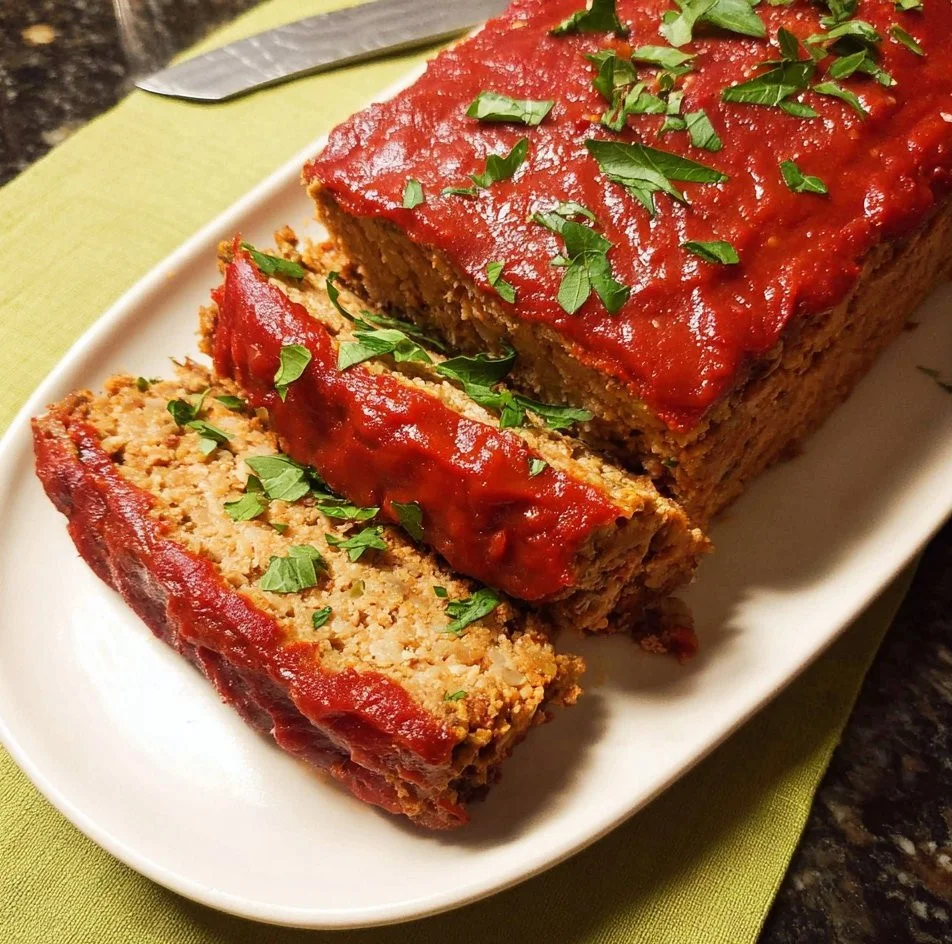 Classic vegan meatloaf served with a side of vegetables on a plate