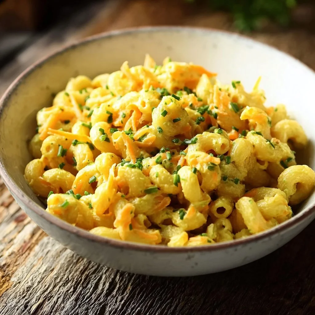 Easy vegan curried pasta salad with vibrant vegetables and spices.